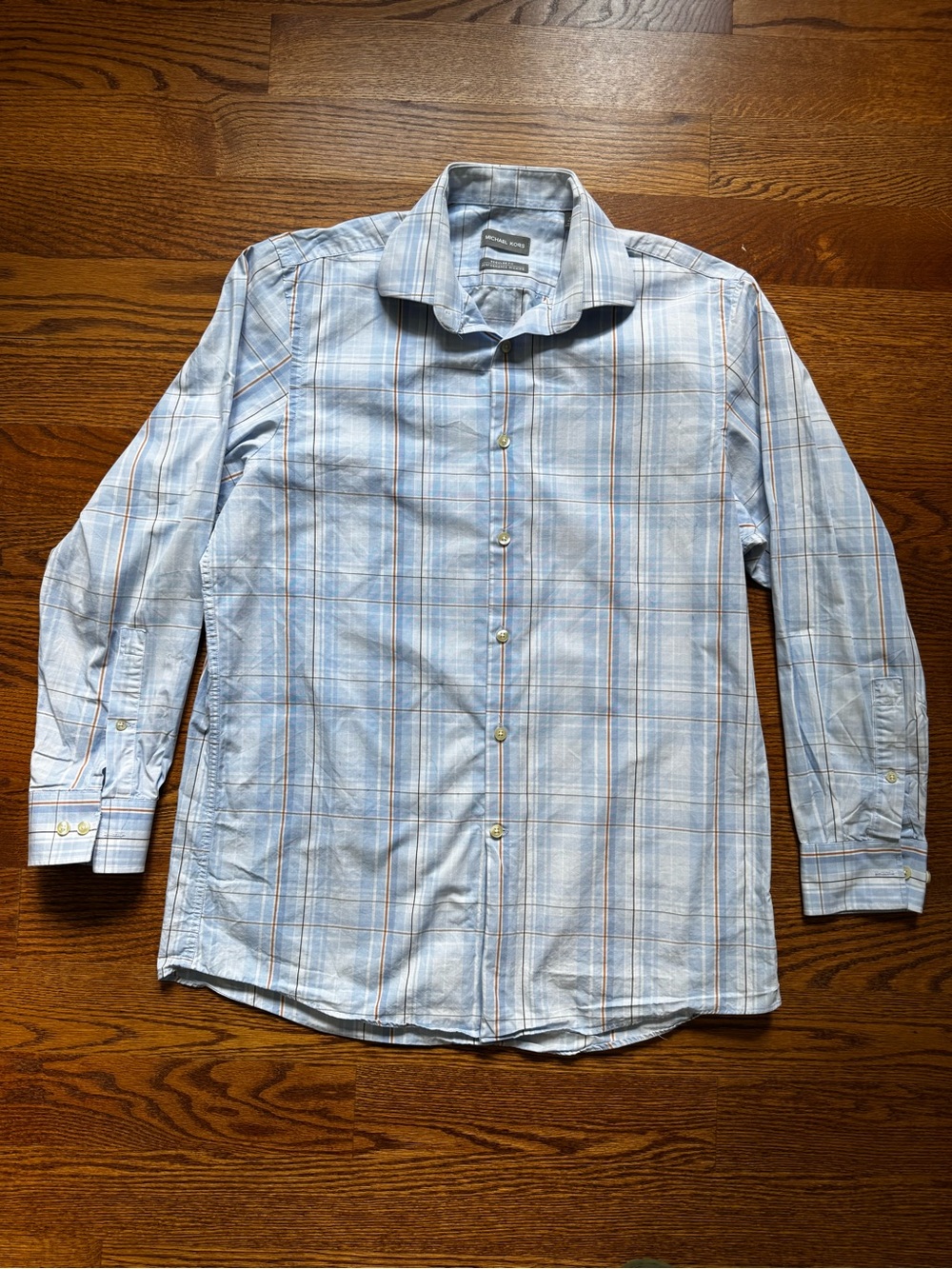 Michael Kors Mens Blue Plaid Dress Shirt 15.5 32/33 Regular Fit Cotton